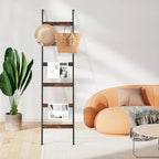 ELYKEN Blanket Ladder for Living Room, Farmhouse 6-Tier Quilt Holder with 4 Removable Hooks for Bathroom, Wood Towel Rack Dis