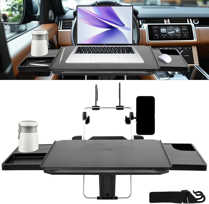 Large Car Steering Wheel Tray, Adjustable Back Seat Headrest Tray, Laptop Mount Steering Wheel Desk with Drawer, Car Tray Cup Slot and Tablet Slot with Phone Holder for Large SUV,Truck,Van