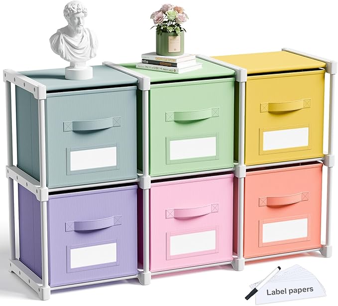 Geelin 6 Cube Toy Storage Organizer with Fabric Bins and Labels, 11 Inch Collapsible Colorful Cubby Storage Drawers Pastel Dr