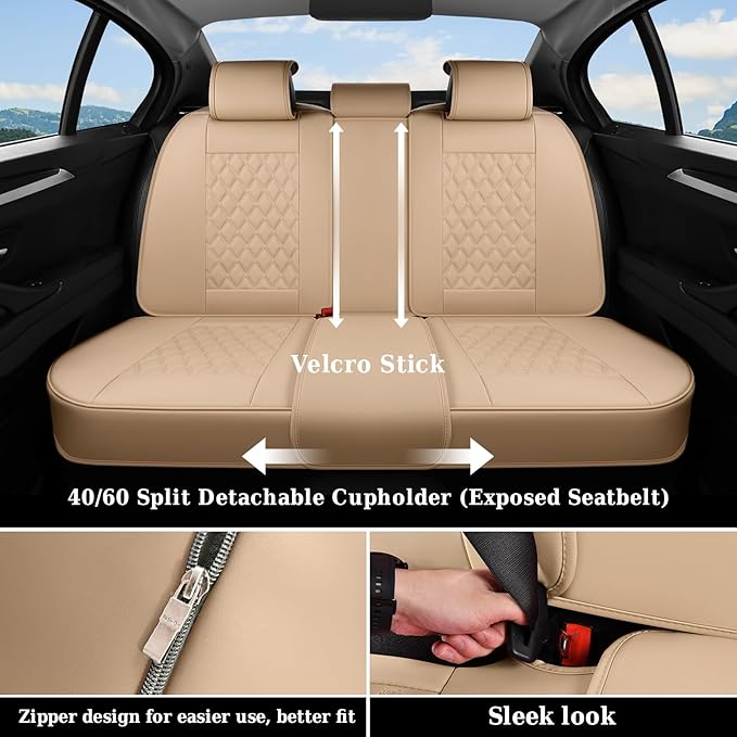 Coverado Full Set Leather Car Seat Covers, Waterproof Faux Leather Seat Covers, Beige Car Seat Protectors, 5 Seats, Universal