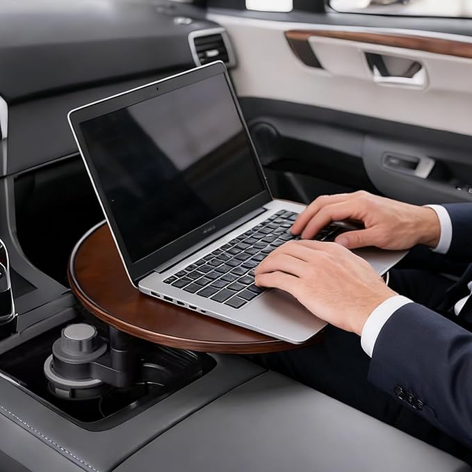Car Desk 360° Rotating Wood Cup Holder Table for Car Center Car Accessories Car Tray for Laptop Compatible with Most Vehicle