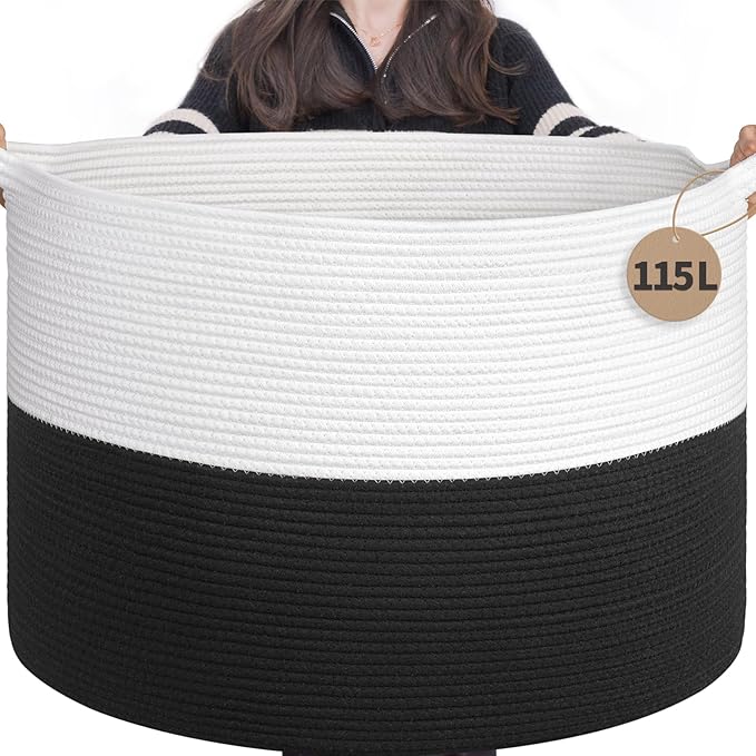 INDRESSME 115L Extra Large Cotton Rope Blanket Basket, Woven Storage for Living Room Toy Baskets Kids Baby Laundry Hamper for