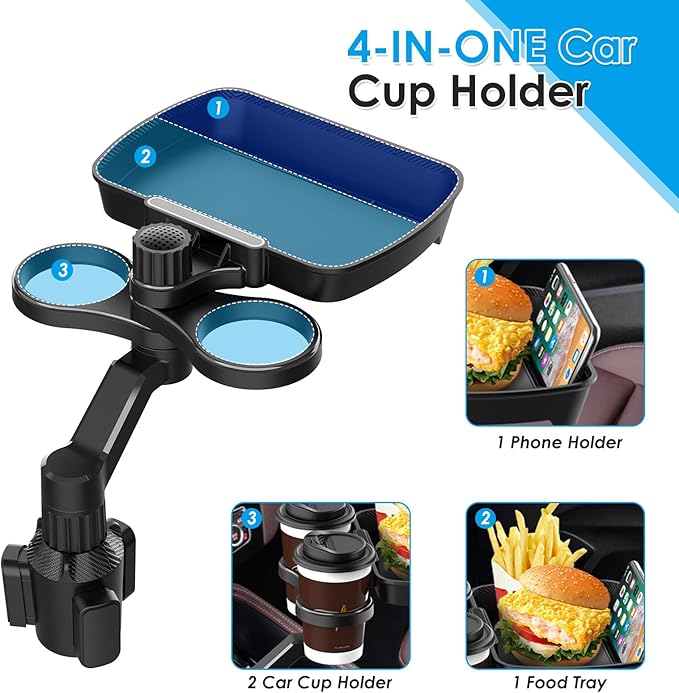Biupky Car Cup Holder Expander, 4-in-1 Universal Cup Holder Tray Compatible with 2.6" to 3.94", Multi Cup Holders Table with 
