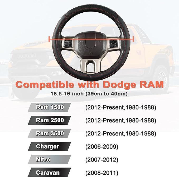 West Llama Customized Auto Car Steering Wheel Cover for Dodge RAM 1500 2500 3500, 15.5-16 inch(Black+Red Line-Large Size)