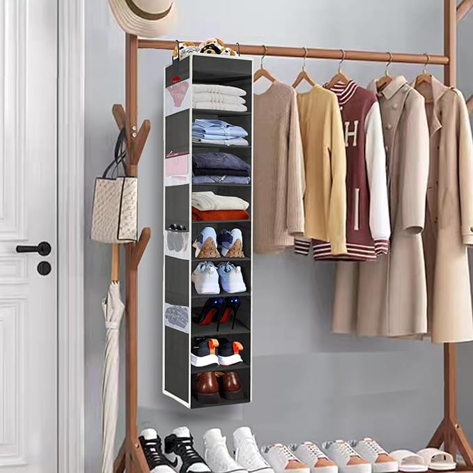 2 Pack Large-Sized Hanging Shoe Organizer 10-Shelf, Sturdy Hanging Closet Organizer with 8 Side Pockets, Wider Hanging Shelve