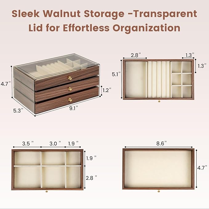 Wooden Jewelry Box for Women, 3-Layer Jewelry Organizers and Storage with 3 Drawers & Velvet Trays, Large Earring Holder, Nec