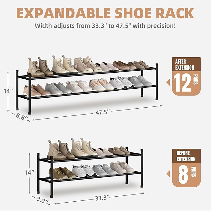 STORAGE MANIAC Long Expandable Shoe Rack, 12 Pairs Metal Wide Stackable Shoe Rack, Adjustable Shoes Shelf, Freestanding Shoes