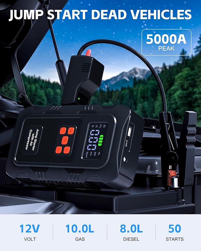 5000A Jump Starter with Air Compressor, Portable Car Battery Jump Starter with 150 PSI Tire Inflator for Up to 10.0L Gas and