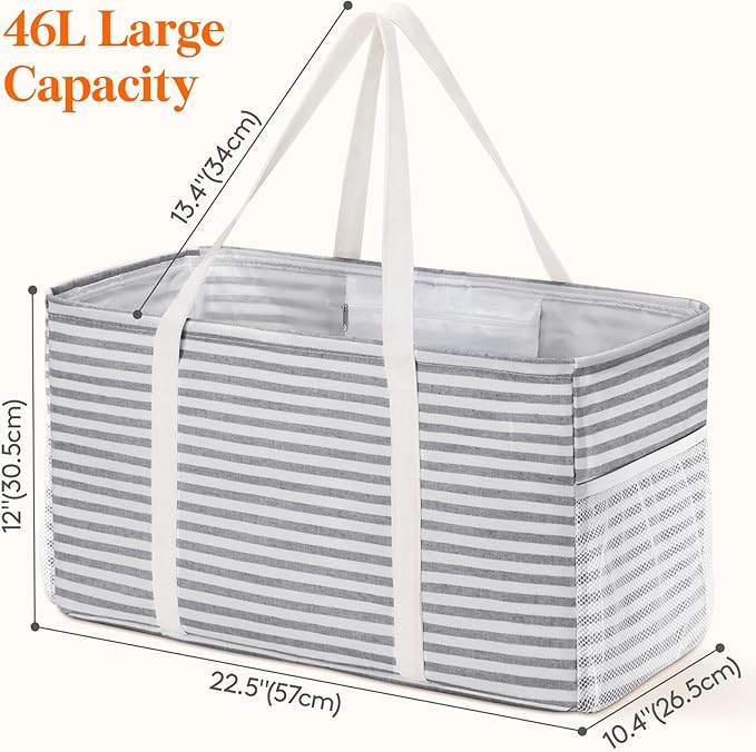 Lifewit Extra Large Tote Bag, Reusable Grocery Bags with Metal Wire Frame and Handles, Standing Utility Foldable Shopping Bags for Storage, Picnics, Beach, Laundry, Car, 46L, 2 Pack, Gray and Blue