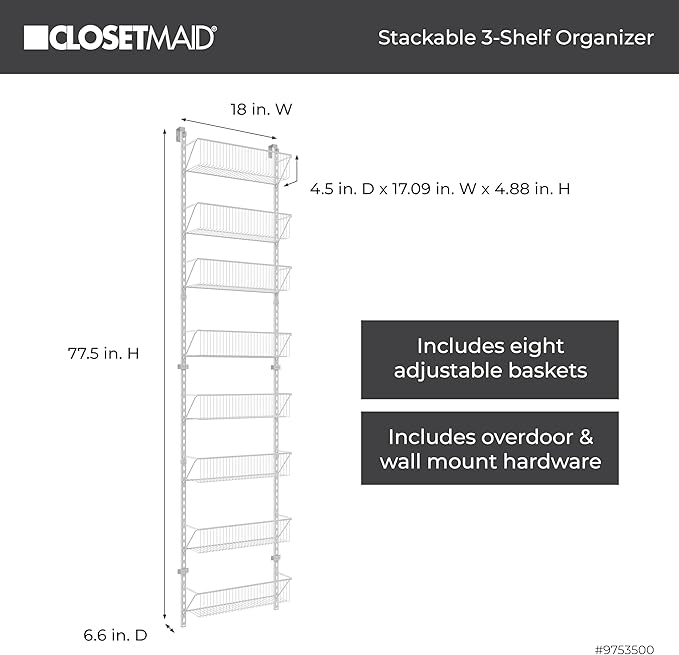 ClosetMaid 97535 Wall or Door Adjustable (8) Basket Organizer, 6.614-Inch D x 77.165-Inch H x 17.992-Inch W, White