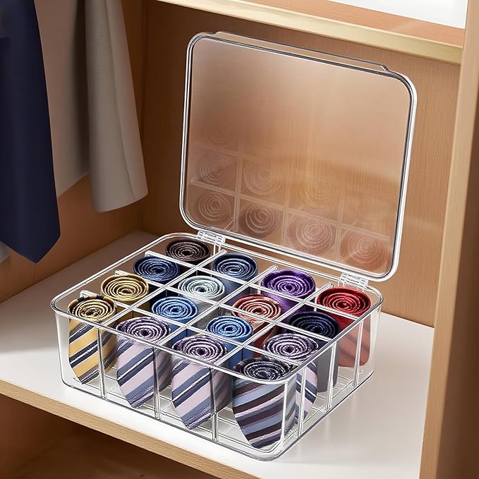 DILIBRA Socks Underwear Drawer Organizer for Closet, 16 Compartment Removable Divided Plastic Clear Sock Storage Box with Lid