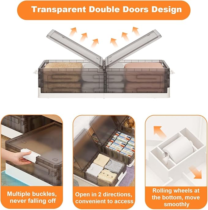 2 Pack Under Bed Storage Containers With Wheels,StackableFoldable Under Bed Storage Containers With Lids for Clothes Shoes Bl