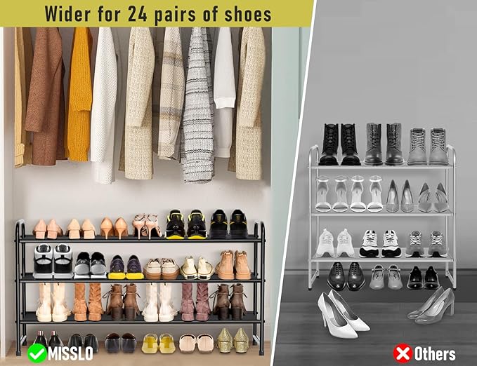 MISSLO 3-Tier Long Shoe Rack for Closet Shoe Organizer for Closet Floor Entryway Storage Stackable Wide Shoe Shelf Stores 24 