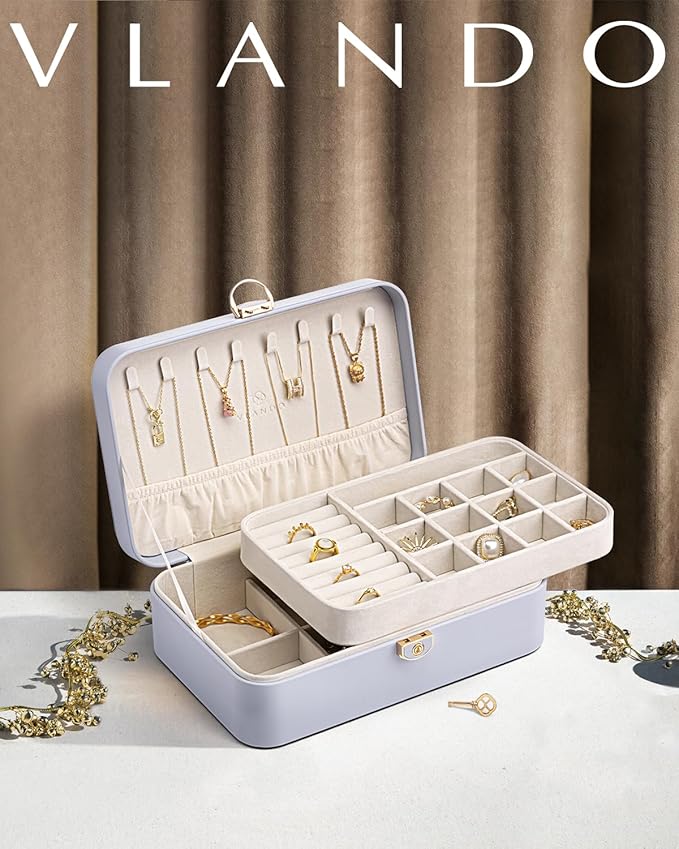 Vlando Jewelry Box Organizer for Girl,Faux Leather Lockable Jewelry Holder Organzier Case Boxes with 2 Layers,Earrings Neckla