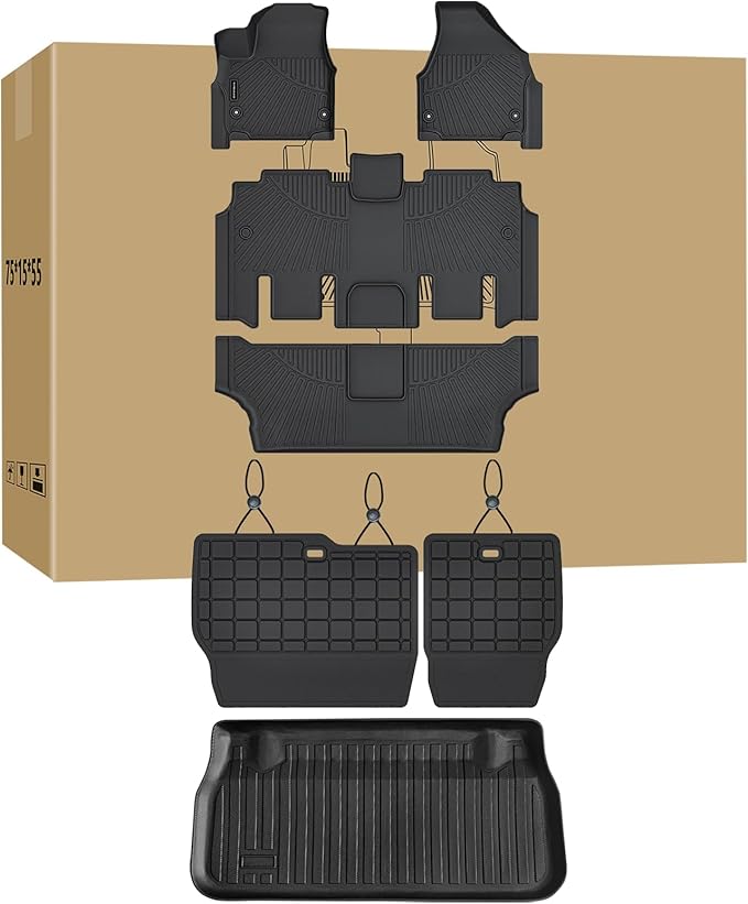 Floor Mats, Trunk Liner & Backrest Mat for 2017-2025 2026 Chrysler Pacifica Gas Touring 7/8 Seat (Non Hybrid & Non Pinnacle) Customized TPE All Weather Car Floor Liners with Backrest Protection Black