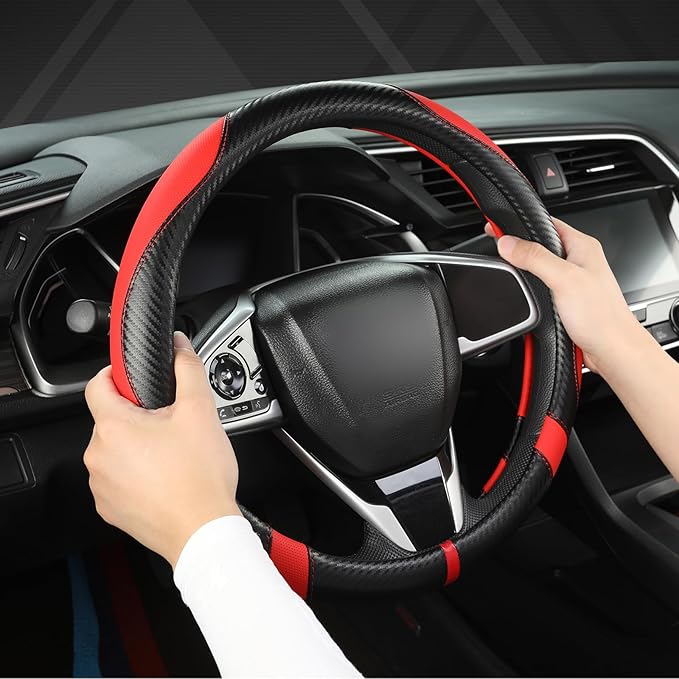 West Llama Carbon Fiber Car Steering Wheel Cover for Honda,Anti-Slip, Full Surround Breathable Leather Auto Protector(Black+R