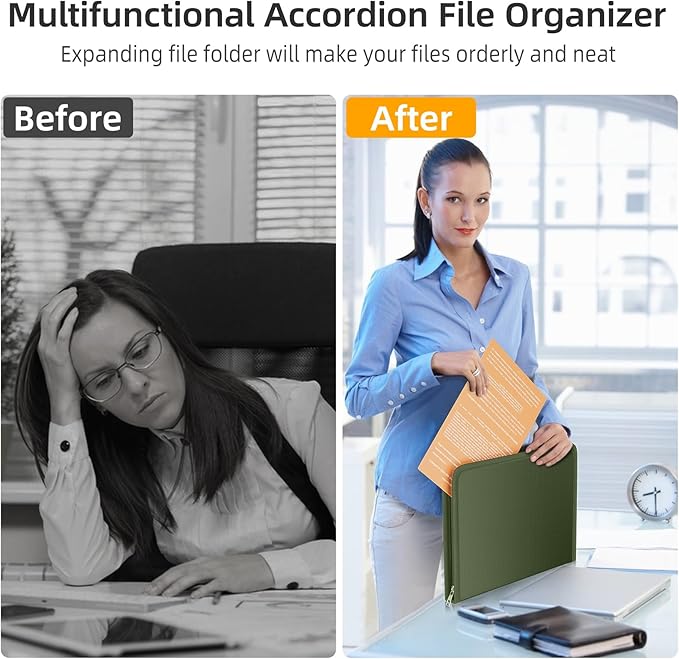 Fireproof Accordion File Organizer, Portable Expanding File Folder with Waterproof Zipper&Labels, Green Document Organizer wi