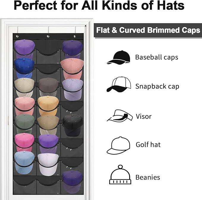 BiCINE Hat Rack for Baseball Caps, 24 Pocket Over the Door Hat Organizer with 3 Hooks, Hat Holder for Door with Large Clear P