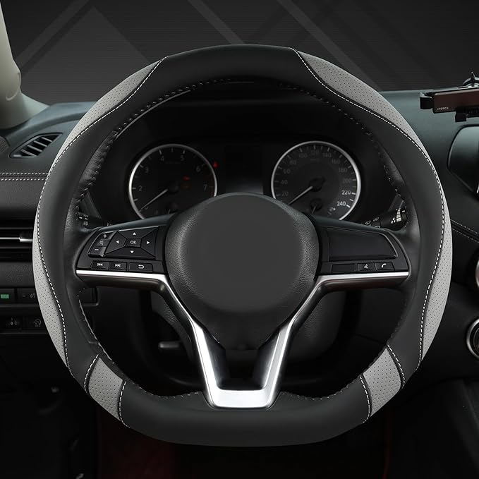 West Llama Flat Bottom Car Steering Wheel Cover for Nissan,D Shaped Steering Wheel Cover for Rogue,Altima,Kicks (Black+Gray-S