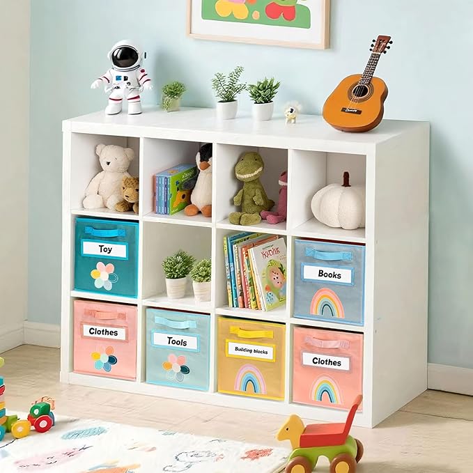 Cube Storage Bins, 6 Pack 11 Inch Fabric Storage Bins with Handle and Label Window, Foldable Storage Cubes, Colorful Fabric B