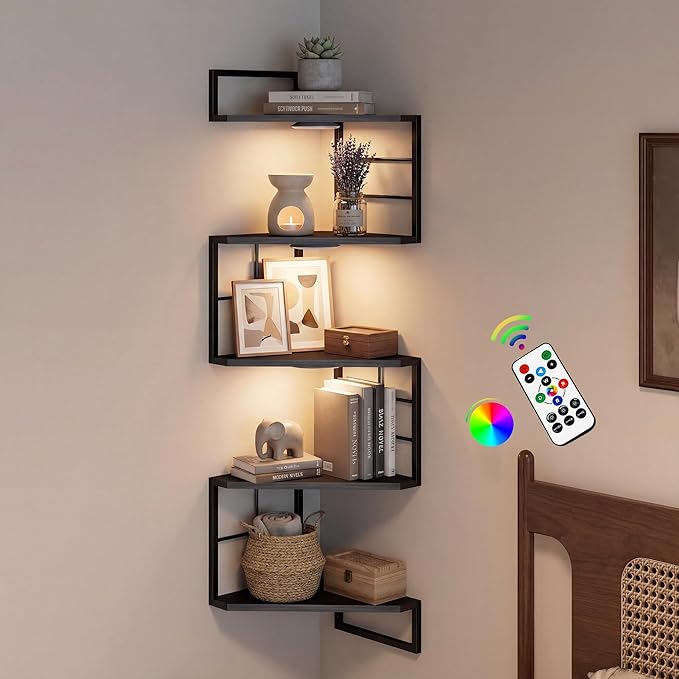 Corner Floating Shelves with Lights - 5 Tiers Corner Shelf Wall Mounted, Bookshelf with LED Light, Floating Shelves for Wall,