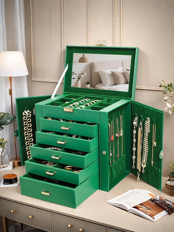 BOOVO Jewelry Box For women, 6 Layer Large Jewelry Organizer With Mirror, Multi-Function Storage Box With Lock, Necklace Hold