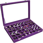 Siveit Velvet Jewelry Tray 48 Grid Jewelry Display Tray Organizer Box with Transparent Lid Rings Earrings Necklaces Pendants 