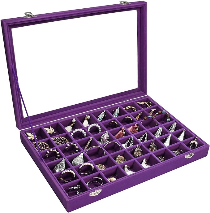 Siveit Velvet Jewelry Tray 48 Grid Jewelry Display Tray Organizer Box with Transparent Lid Rings Earrings Necklaces Pendants 