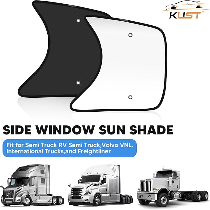 KUST 23''×21.6'' Side Window Sun Shade for Semi Truck, RV Semi Truck,Volvo VNL,International Trucks, Freightliner Black&Silver Side Window Shade, Sunshade with Suction Cup, Glare Sun UV Rays 2PCS