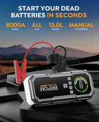 Jump Starter with Air Compressor, BRPOM 8000A Portable Car Jump Starter (All Petrol/12L Diesel), 160PSI 12V Battery Jump