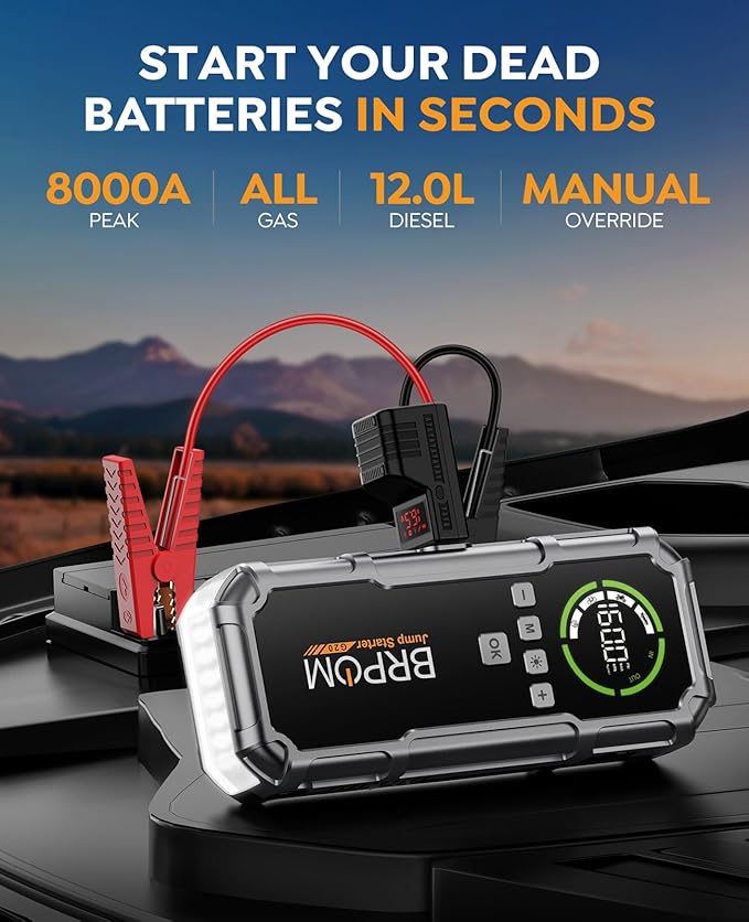 Jump Starter with Air Compressor, BRPOM 8000A Portable Car Jump Starter (All Petrol/12L Diesel), 160PSI 12V Battery Jump