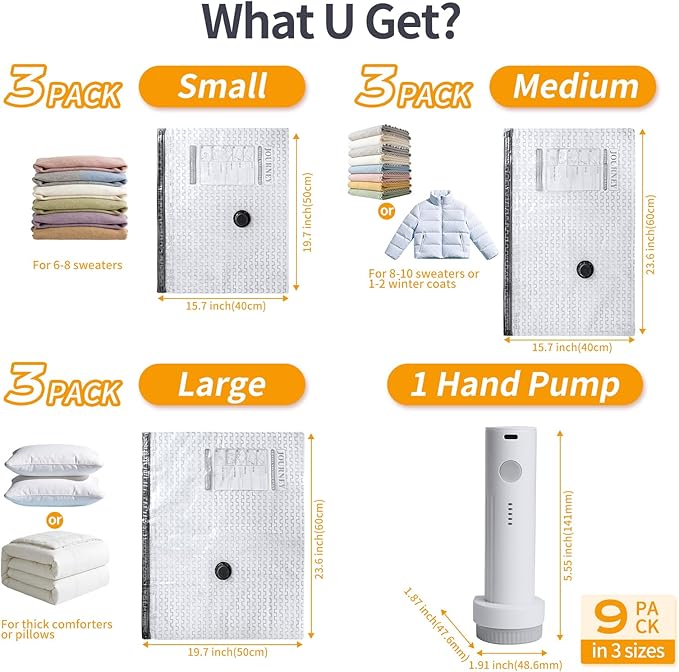 Vacuum Storage Bags for Travel, Vacuum Seal Bags for Clothing with Portable Electric Pump, Space Saver Bags in Multiple Carry