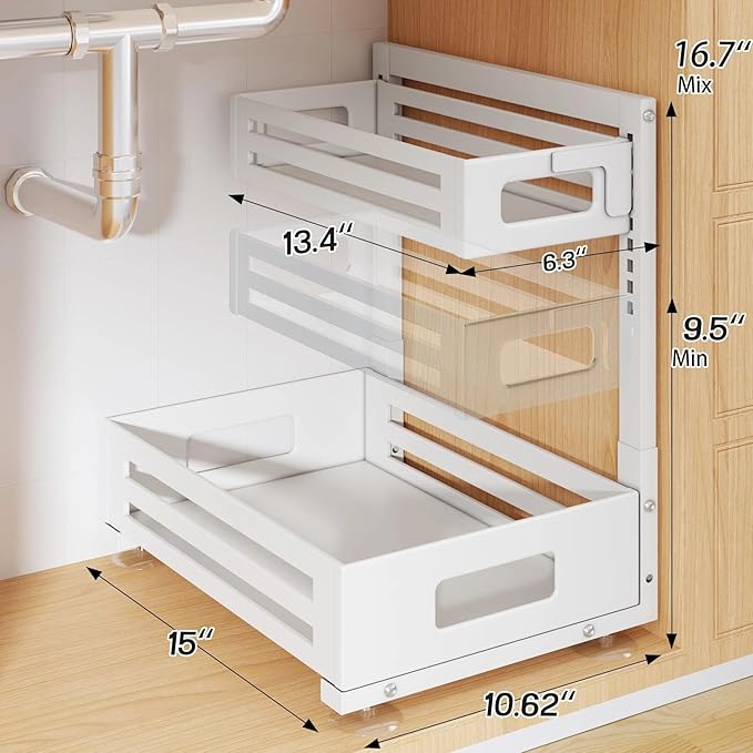 2 Pack Under Sink Organizer,Pull Out Cabinet Organizer With Smooth Cylindrical Rail,Metal Slide Out Drawer for Kitchen Bathro