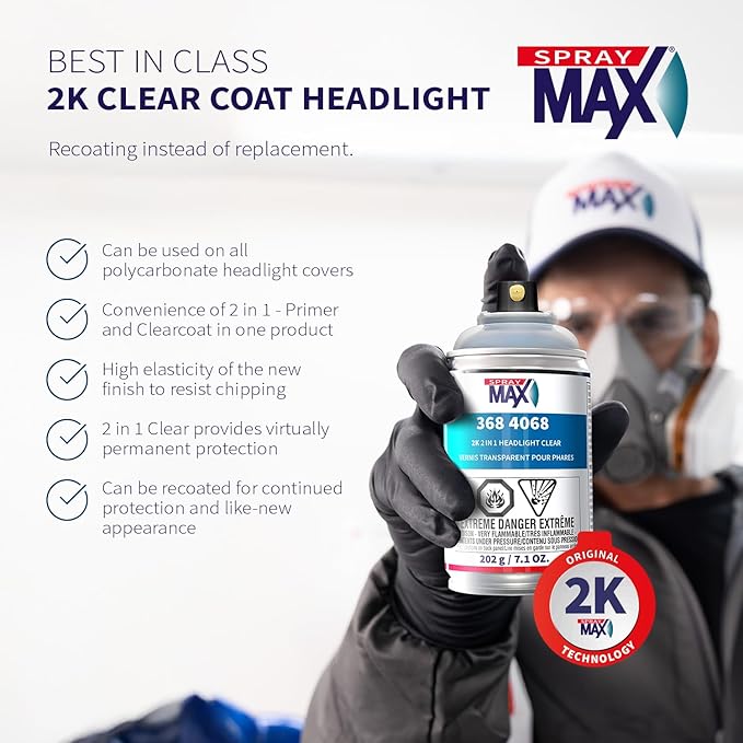 SprayMax 2K 2in1 Headlight Clear Coat | Professional Headlight Restoration Spray & UV Coating Protection | Fixes Scratches, Y