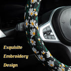 Embroidered Flowers Black Cute Daisy Steering Wheel Cover Auto Anti-Slip Breathable Rubber Steering Wheel Protector,Floral Car Accessories for Women,Universal Size Fit Most Cars -15 inch