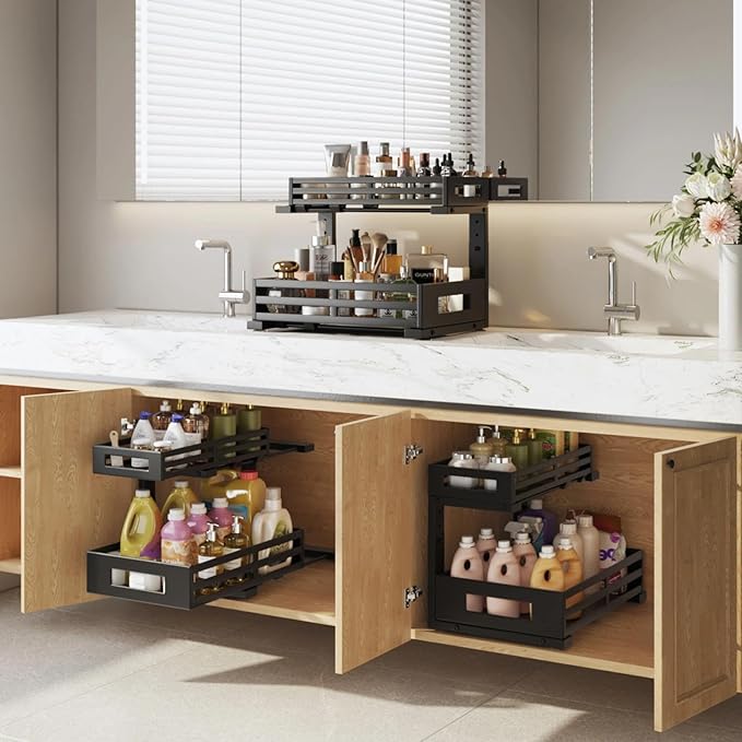 1-Pack Under Sink Organizers and Storage,2-Tier L Shape Pull Out Cabinet Organizer With Round Tube Slide Rails,Hight Adjustab