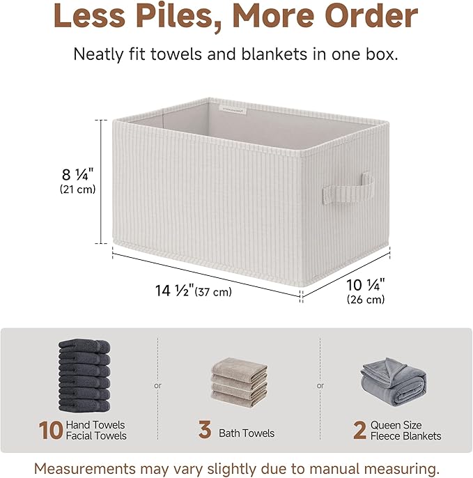 StorageWorks Foldable Shelf Organizer Bins, Closet Storage Baskets for Clothes, Fabric Storage Bins for Shelves, Beige Stripe