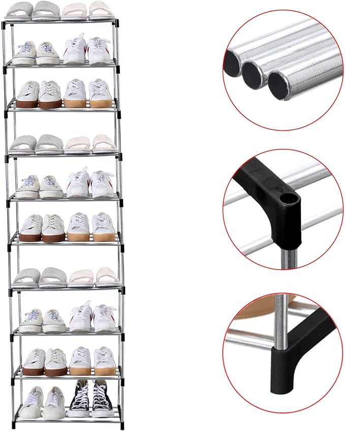 Jucaifu Stackable Small Shoe Rack, Entryway, Hallway and Closet Space Saving Storage and Organization (10-Tier, Black)