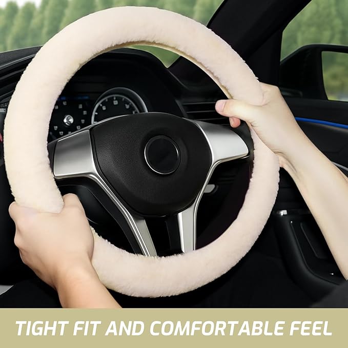 AEGIS Cover Sheepskin Steering Wheel Cover Premium Luxury AUS Genuine Merino Wool All-Season Non-Slip for Cars Fits 14.5-15.5" Wheels (Sand)