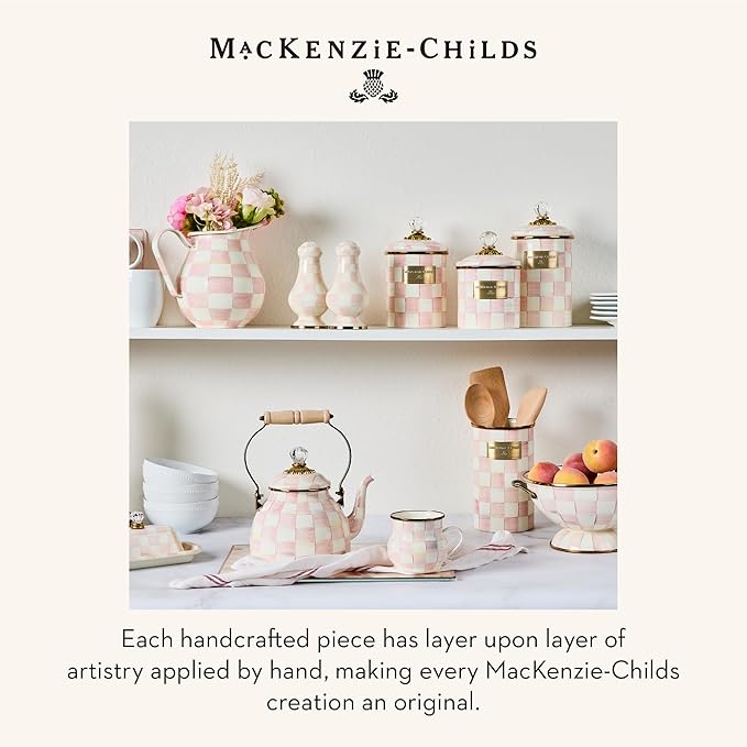 MACKENZIE-CHILDS Glass Lazy Susan, Cute Rotating Serving Board, Pink-and-White Rosy Check