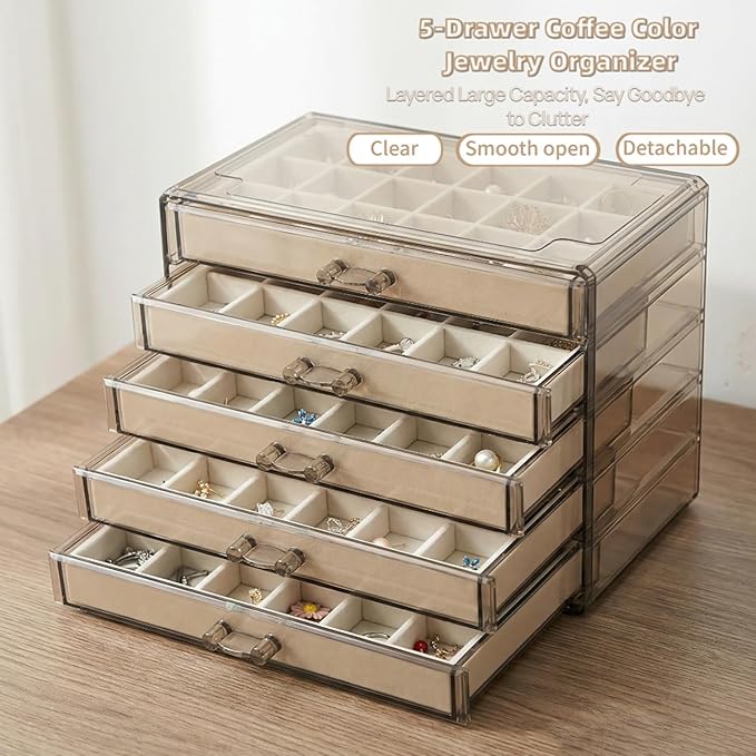 Acrylic Earring Holder Organizer with 5 Drawers Clear Earring Organizer Box with 90 Adjustable Grids Velvet Earring Display C