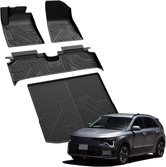 LASFIT Floor Mats & Cargo Mats for KIA NIRO EV 2025 2024 2023 (Not for PHEV), All Weather TPE Custom Fit Floor Liners for Kia NIRO EV 2023-2025 Full Set Car Mats, Black