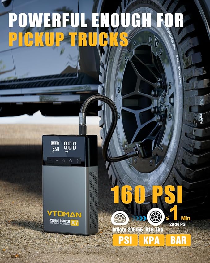 VTOMAN X7 Jump Starter with Air Compressor, 4250A&160PSI Pickup Trucks & Suvs Battery Car Jumper Starter Portable(10L