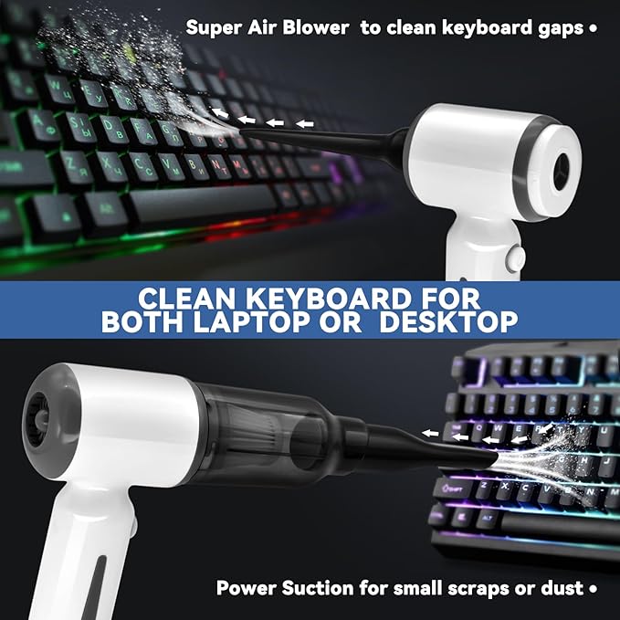 Cordless Handheld Vacuum for Car and Home - 6500Pa Powerful Suction, 3-in-1 Vacuum & Blower for Keyboard Cleaning, Computer D