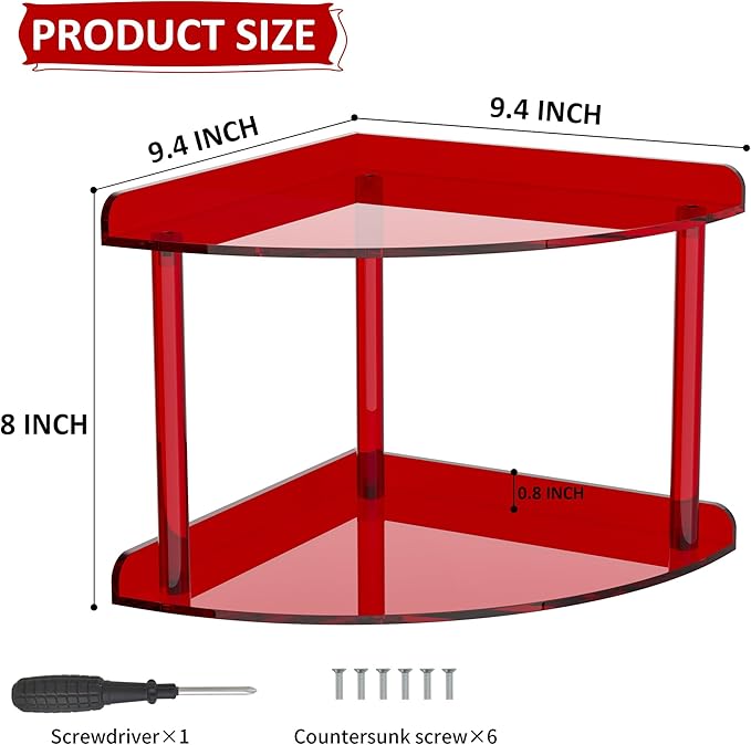 Sezanrpt 2 Tier Acrylic Corner Shelf Organizer Storage 9.5x9.5x8 Inch, Red Countertop Corner Shelf for Bathroom, Kitchen, Bed