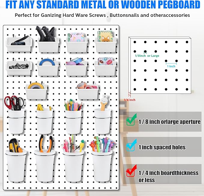Sieral 64 Pieces Pegboard Bins Pegboard Cups with Hooks and Loops Peg Hooks Assortment Organizer Accessory for Organizing Acc