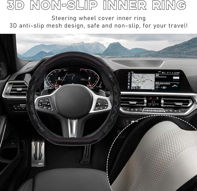 Yourkar Car Steering Wheel Cover, 15 Inch Leather D-Shaped Comfy Grip Steering Wheel Protector, Anti-Slip Steering Wheel Cove