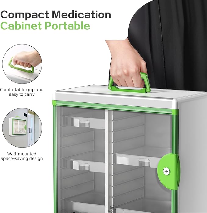 Glosen Medicine Cabinet Locking Medicine Cabinet Wall Mounted【 Green 13.6 x 13.4 x 6.5 Inch 】 Portable Storage Container Big 