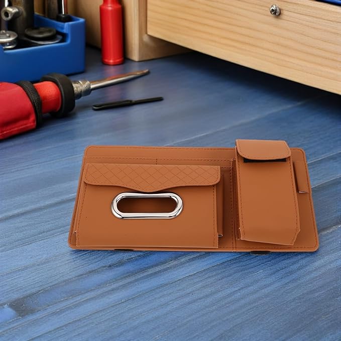 NUOBESTY Car Visor Organizer Clip with Pu Leather Tissue Holder and Sunglasses Case, Vehicle-Mounted Sun Visor Accessory for Travel and Commuting, Multifunctional Interior Pocket in Brown