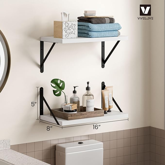 Vivelove Floating Shelves for Wall 16inch, 8 Deep Wood Wall Shelves Set of 2, for Bathroom Living Room Kitchen Office Bedroom